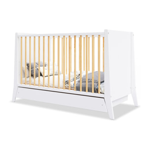 Lit Evolutif Timéo à barreaux 60 x 120 cm, Couleur Blanc & Bois, En Bois, 3 Hauteurs, Tiroir intégré, Barreaux amovibles