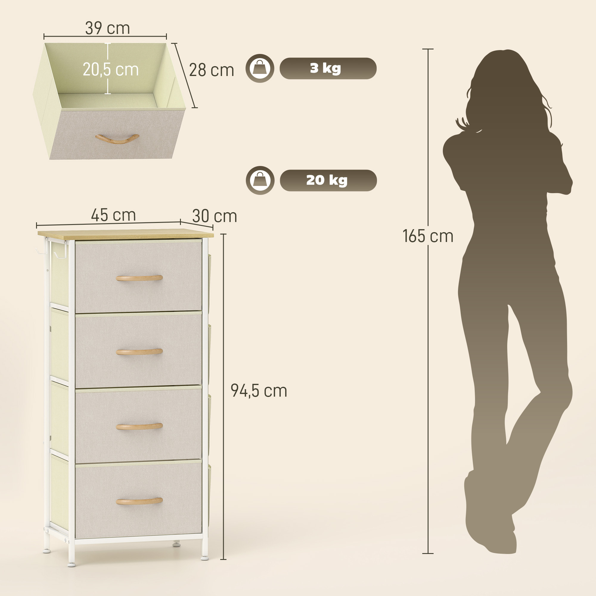 Commode chiffonnier 4 tiroirs en tissu beige 4 poches 2 crochets acier blanc effet bois