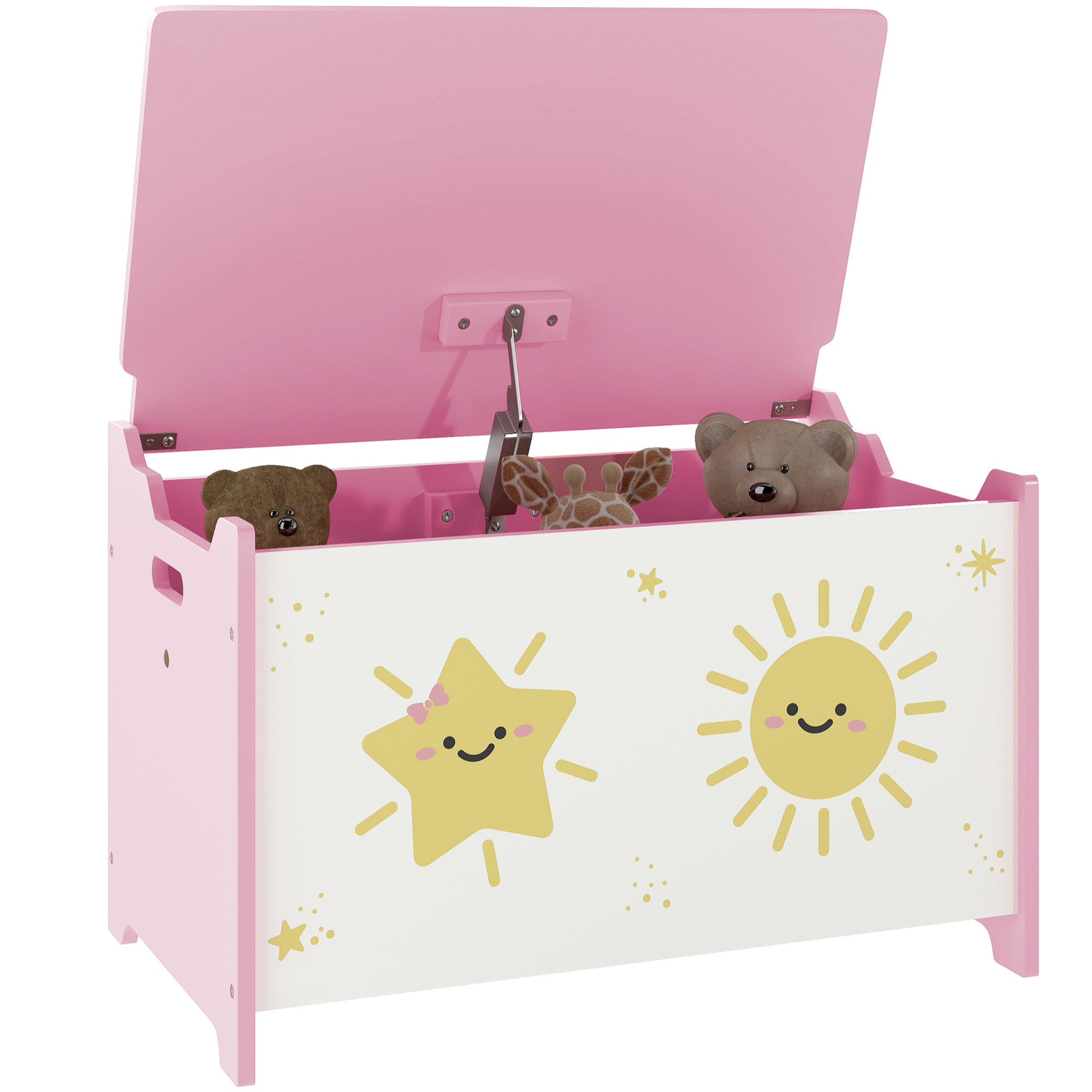 Coffre malle de rangement coffre à jouets design soleil et étoile dim. 60L x 37l x 39H cm vérin pneumatique MDF rose