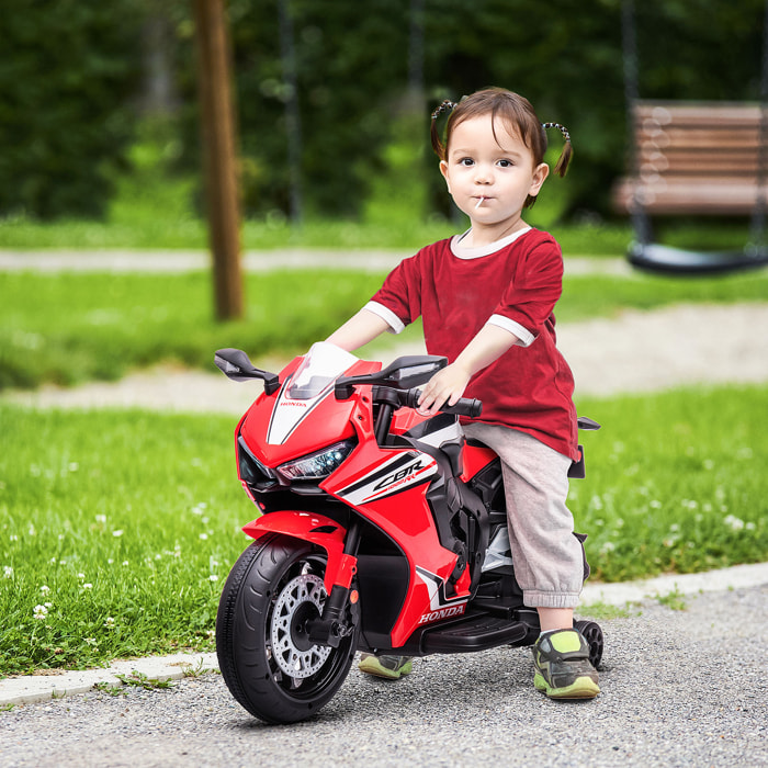 Moto Eléctrica con Licencia HONDA para Niños de 3-5 Años Moto a Batería 6V con Faro Bocina Música y Ruedas Auxiliares Extraíbles Carga 30 kg 90x44x52 cm Rojo