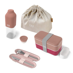 Set repas lunch box 2 étages 1L rose/magenta + accessoires