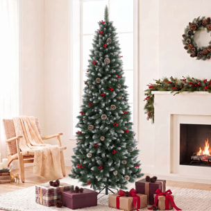 HOMCOM Árbol de Navidad Lápiz 210 cm, Árbol de Navidad Artificial Nevado con 818 Ramas, Bayas Rojas, Piñas, Base Metálica Plegable, Apertura Automática, Decoración Navideña para Salón, Interior, Verde