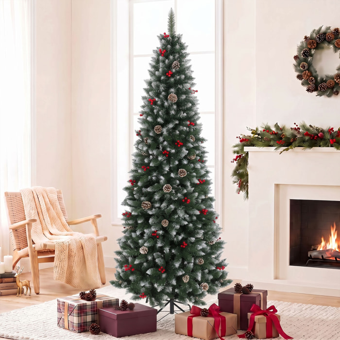 HOMCOM Árbol de Navidad Lápiz 210 cm, Árbol de Navidad Artificial Nevado con 818 Ramas, Bayas Rojas, Piñas, Base Metálica Plegable, Apertura Automática, Decoración Navideña para Salón, Interior, Verde
