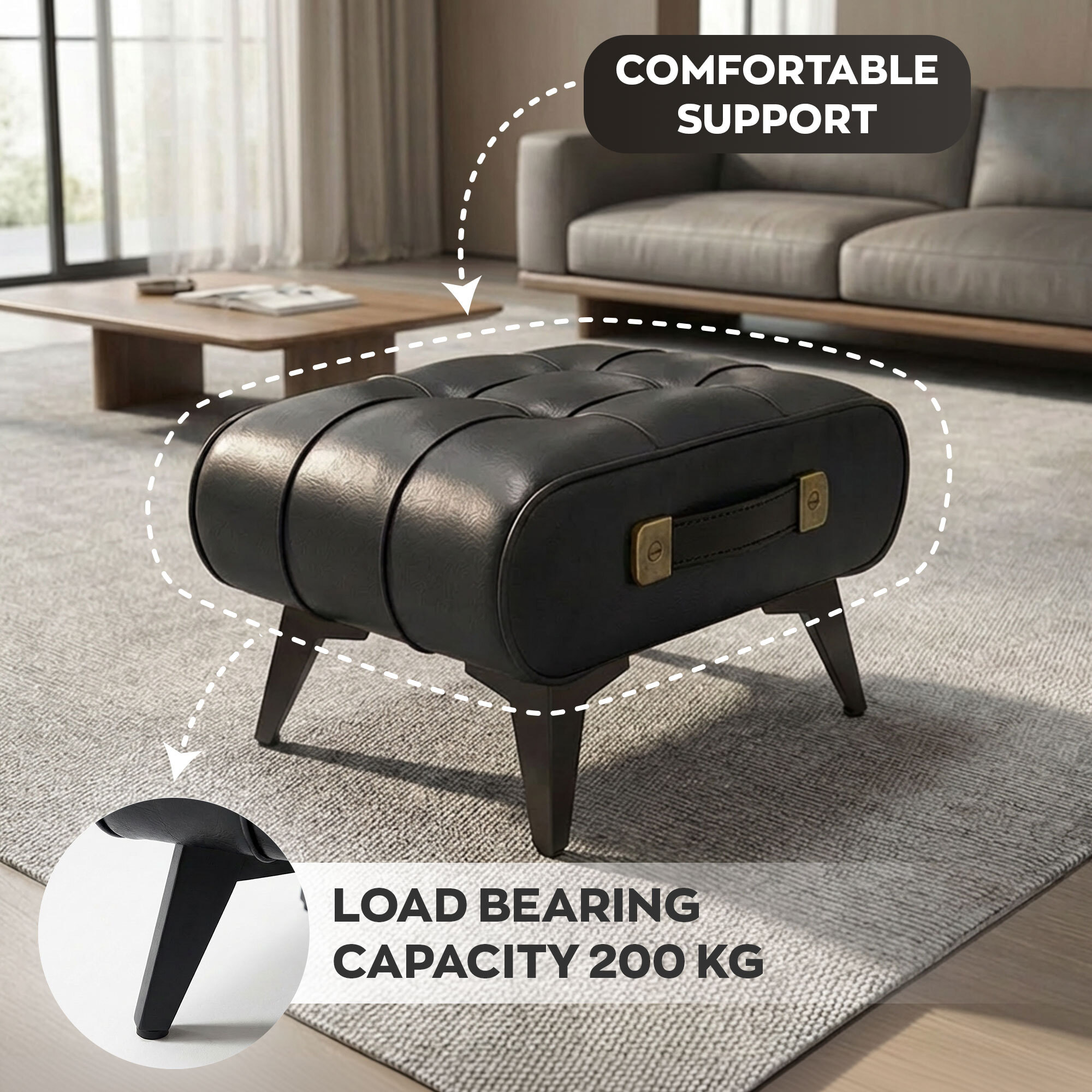 Kumo - Sgabello Pouf Ottomano Moderno 35,5x25x30 cm Poggiapiedi in Similpelle Nero