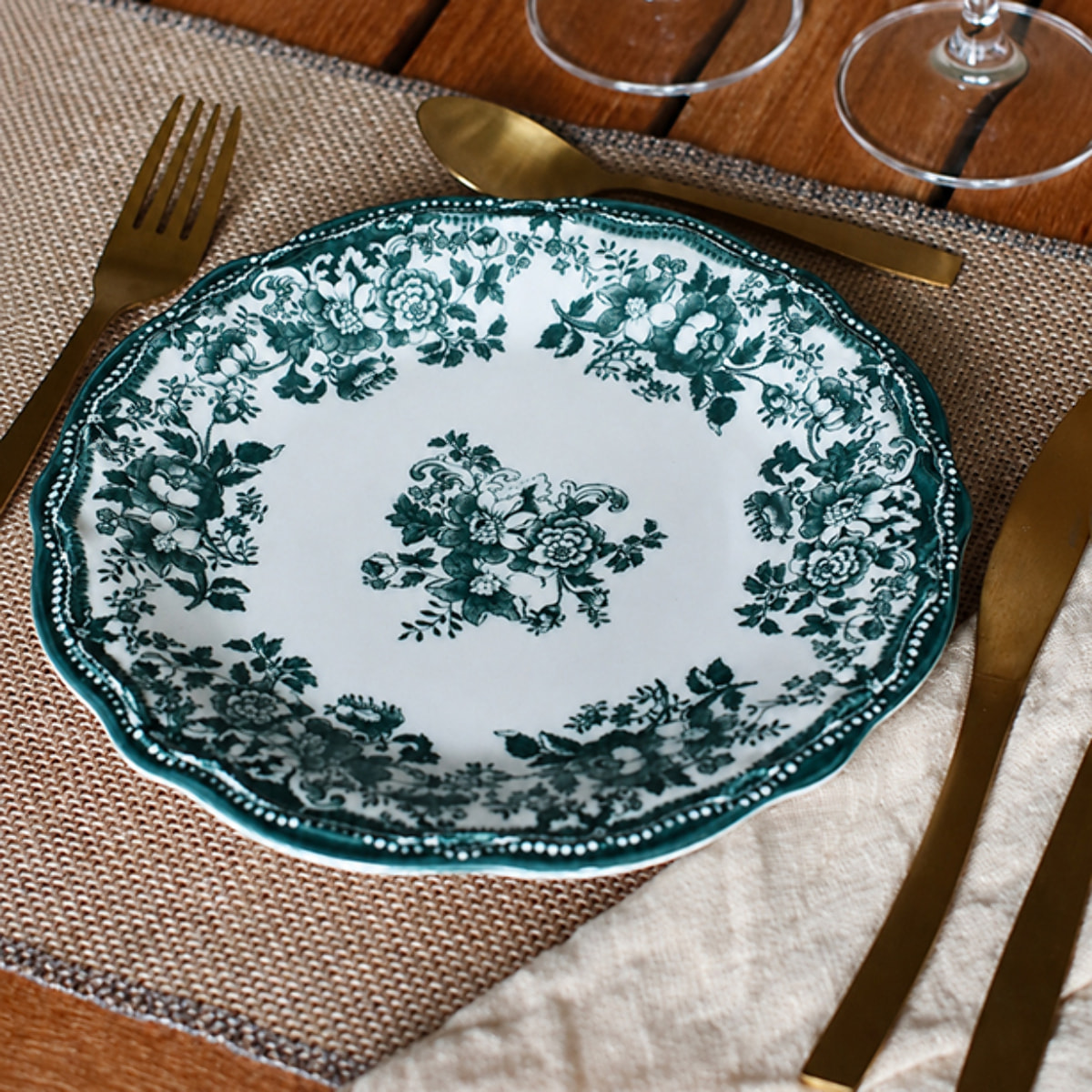 Lot de 6 assiettes creuses fleuries en grès vert 22cm FAUSTINE