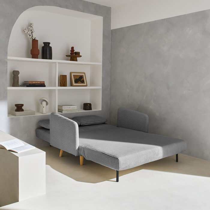 Canapé convertible en velours côtelé - Panam - 2 places scandinave. pieds bois. gris clair. banquette. dossier inclinable