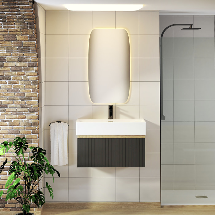 CONJUNTO DE BAÑO ZEL | MUEBLE SUSPENDIDO | 70 CM NEGRO | UN CAJÓN | LAVABO ENCASTRADO | NO INCLUYE ESPEJO | MUEBLE MONTADO| ALDAY