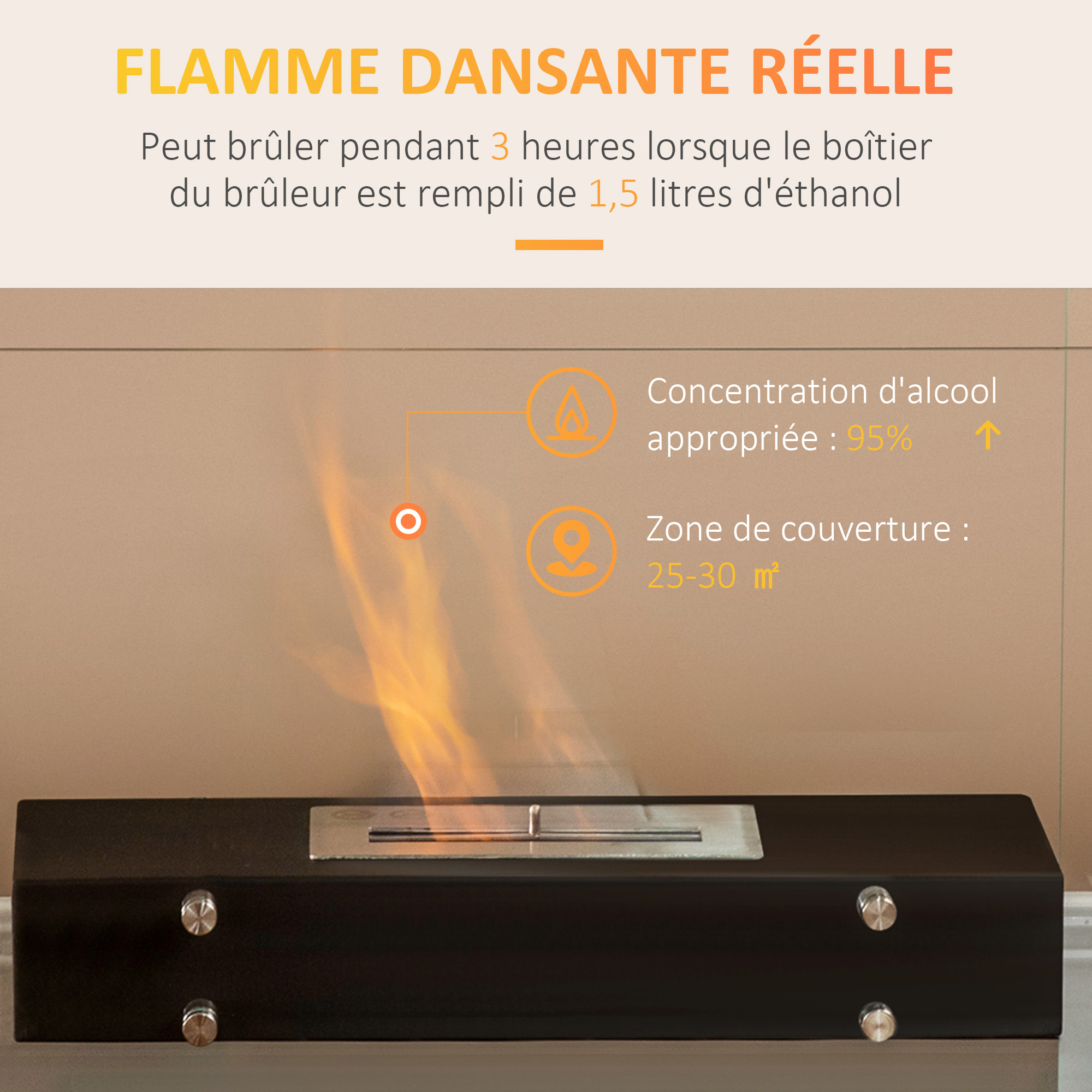 Cheminée à poser bioéthanol en métal et verre trempé avec réservoir 1,5 L couverture 25 m²  - dim. 60L x 26l x 50H cm