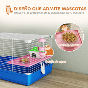 Jaula para Hámster, Casa para Roedores Pequeños con Rueda de Ejercicio, Cuenco, Bebedero, Casita, Rampas, Plataforma, Bandeja Extraíble, para Jerbos, 47x30x27 cm, Azul