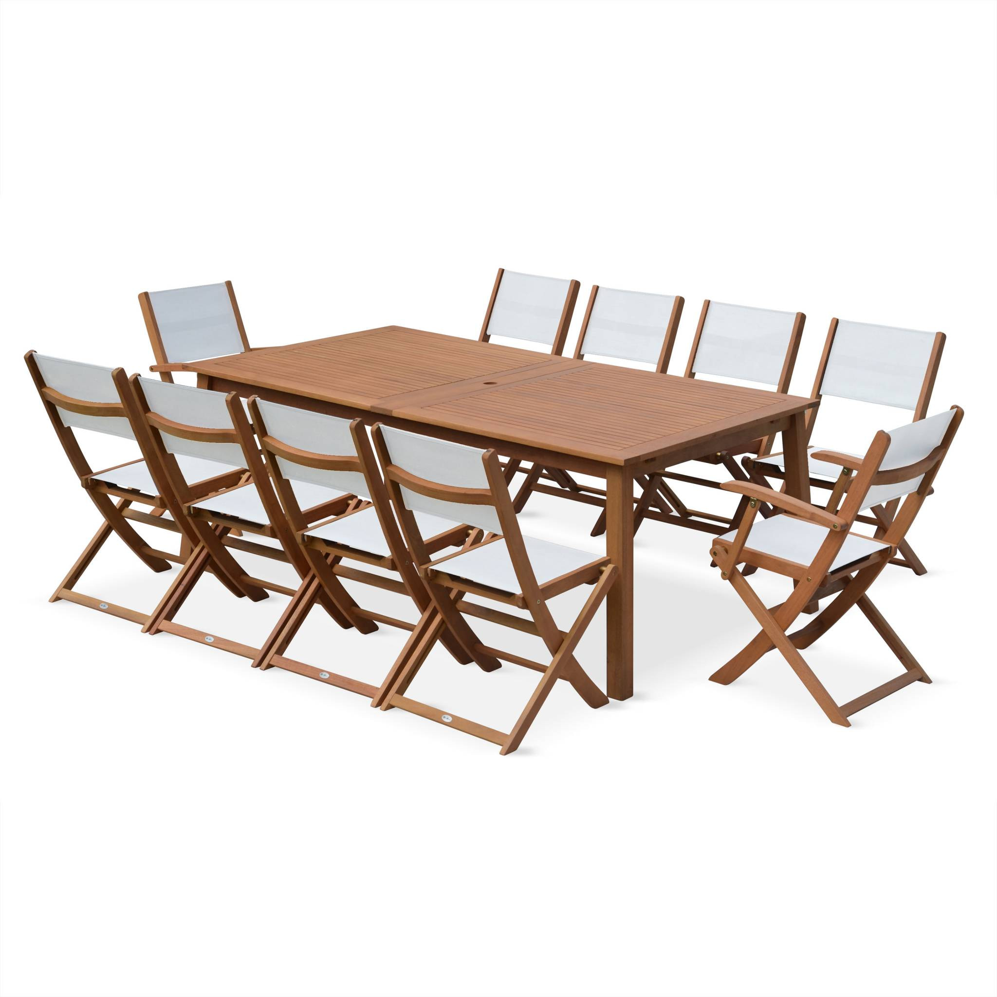 Salon de jardin en bois extensible - Almeria - Grande table 200/250/300cm avec 2 rallonges. 2 fauteuils et 8 chaises. en bois d'Eucalyptus huilé et textilène blanc