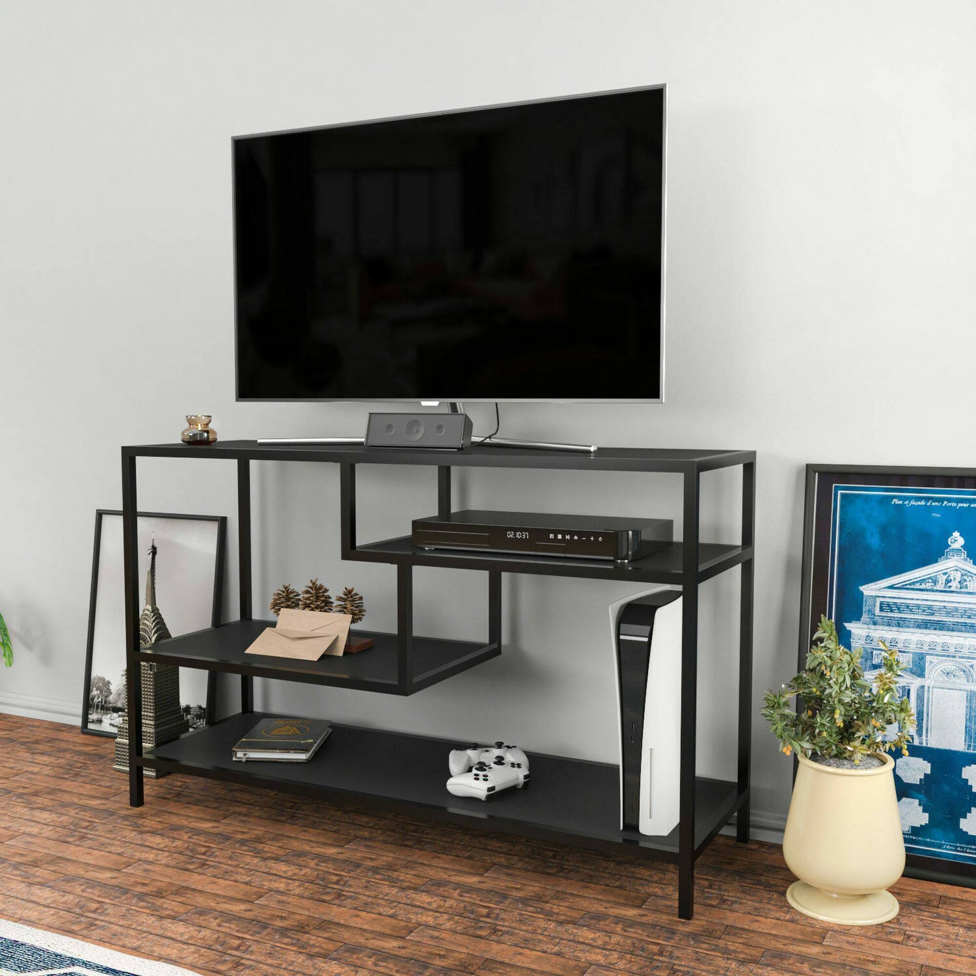 Mobile porta TV Dplizzar, Credenza da soggiorno, Armadio basso per TV, Base parete attrezzata, 120x39h75 cm, Antracite e Nero