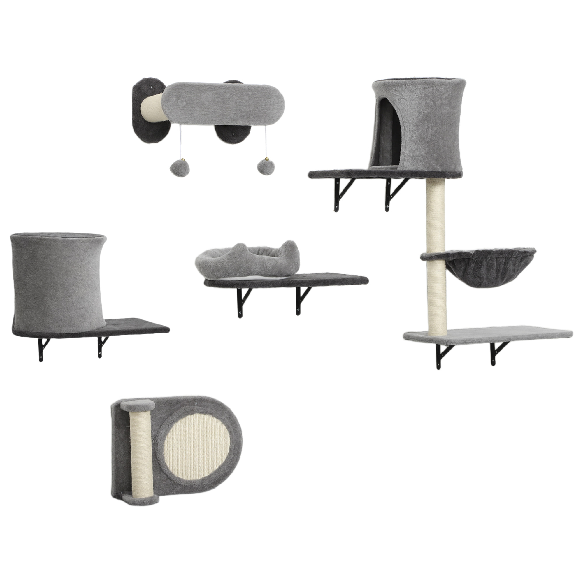 Arbre à chat design mural - parcours mural en bois pour chat 5 pièces variées - crème gris