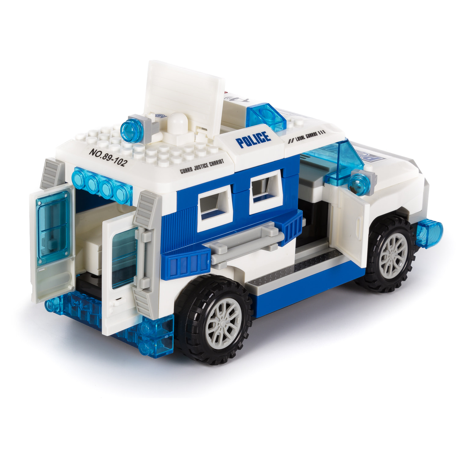 Veicolo da assalto della polizia, con luci ed effetti sonori. Da costruire, 72 pezzi. Modalità di funzionamento automatica 360°.