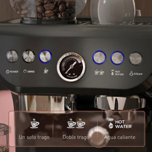 HOMCOM Cafetera Espresso 15 Bares 1600W con Molinillo de 15 Niveles, Vaporizador de Leche, Depósito Agua 2L y Grano 150g, 1 o 2 Tazas, Calientatazas, para Capuchino y Latte, Acero Inoxidable, Negro