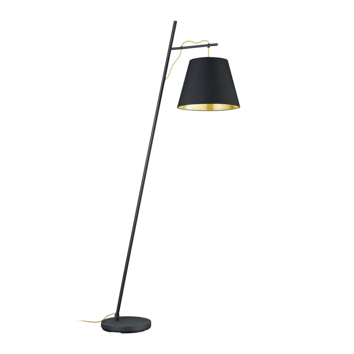 Andreus - Piantana in metallo con asta inclinata e diffusore conico in tessuto colore nero ed oro. 35x80x180H cm