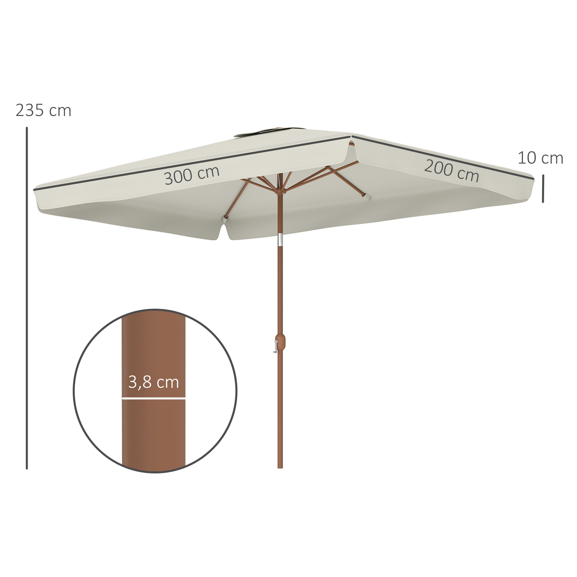 Sombrilla de Terraza Exterior 300x200 cm Parasol de Terraza Exterior con Ángulo Ajustable Mástil de Aluminio Manivela y Protección UV 50+ Sombrilla para Jardín Patio Crema