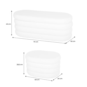 Banc coffre en bouclettes kaki avec 2 poufs ovales de rangement intégrés - L111cm