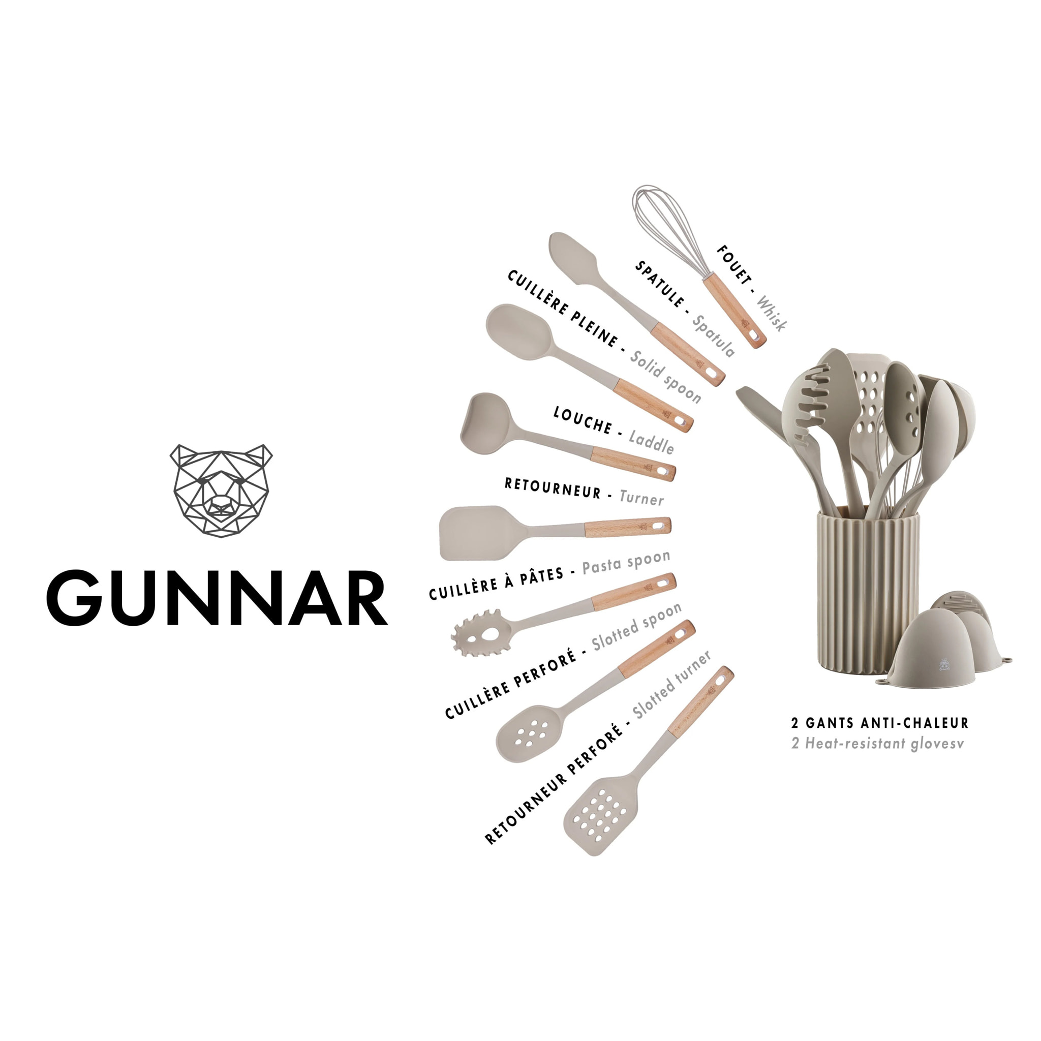 Set d'ustensiles de cuisine en bois et silicone GUNNAR - 11 pièces