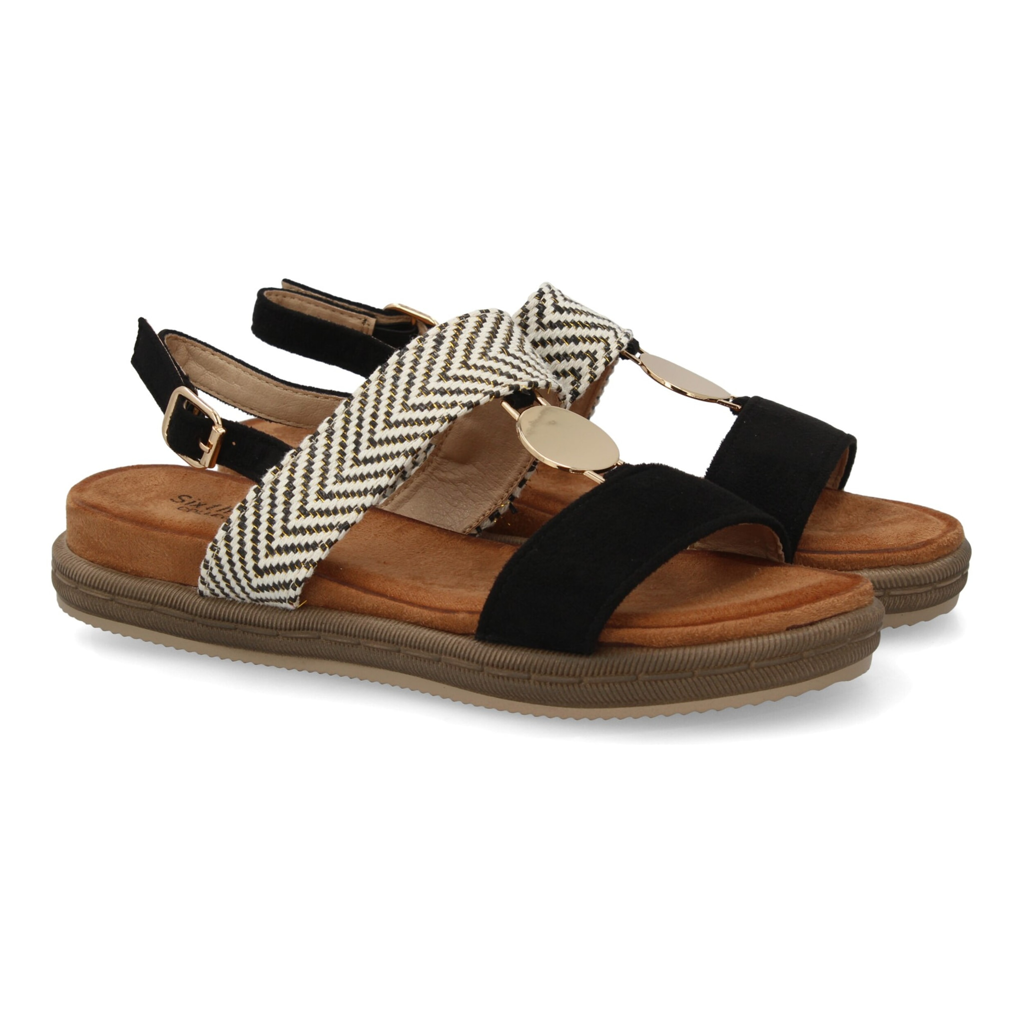 Sandalia mujer cómoda doble tira y adorno metálico