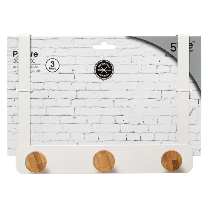 Percha de 3 cabezas de metal y bambú blanco