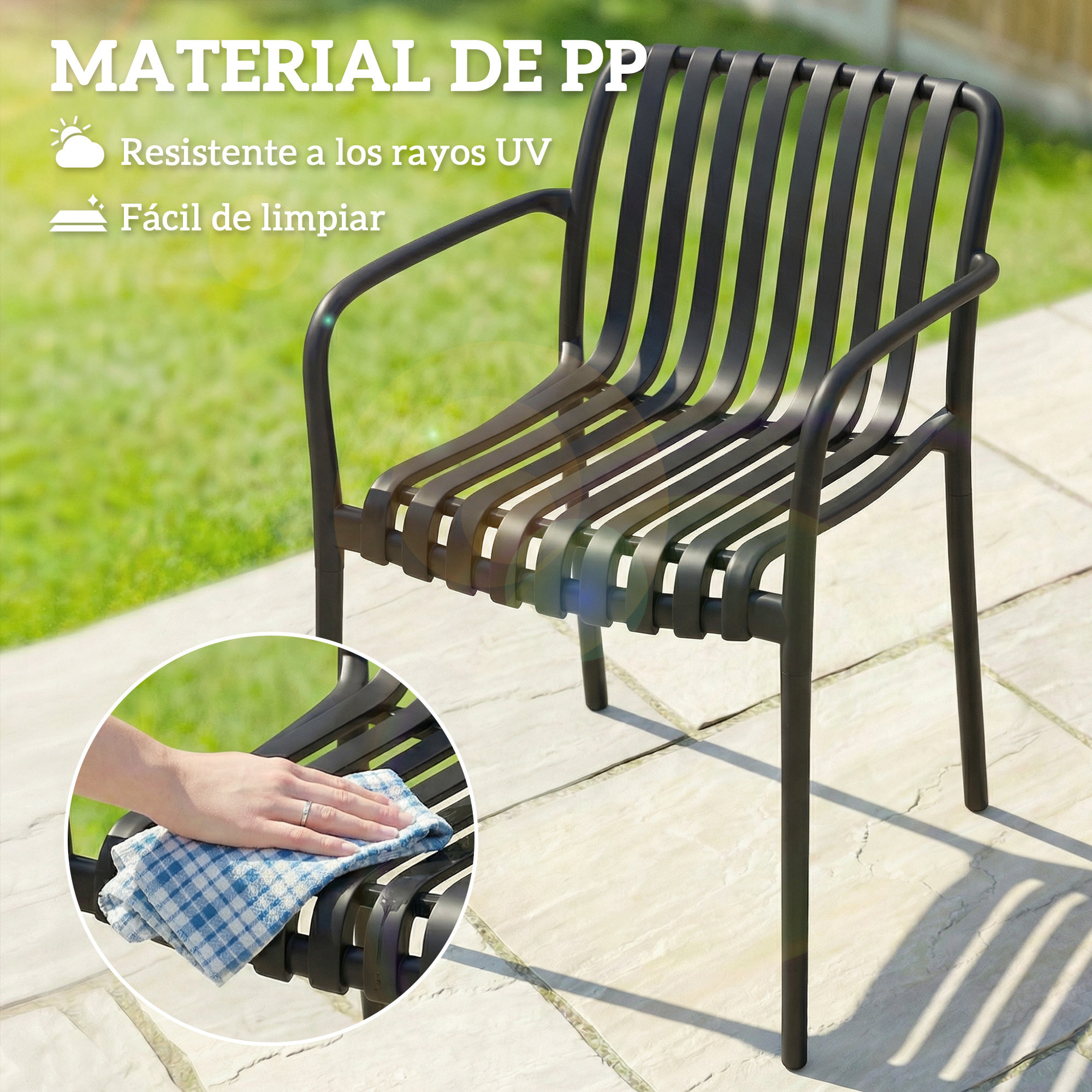 Juego de 4 Sillas de Jardín Exterior Apilables, Sillas Terraza Exterior de PP con Respaldo Curvado, Asiento de Listones, Reposabrazos, 55x58,5x81,5 cm, Negro
