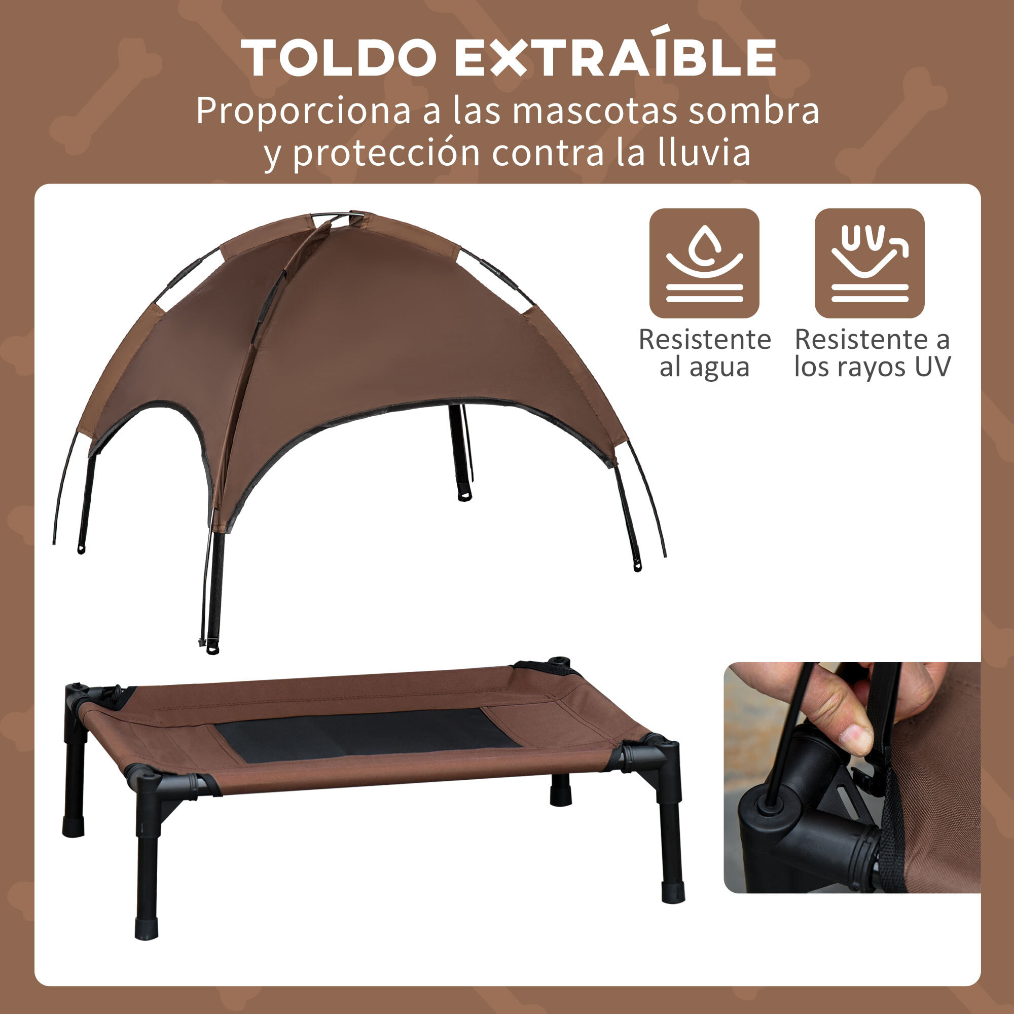 Cama Elevada para Mascotas Portátil con Toldo Extraíble Tela Transpirable al Aire Libre para Interior y Exterior 76x61x73 cm Café