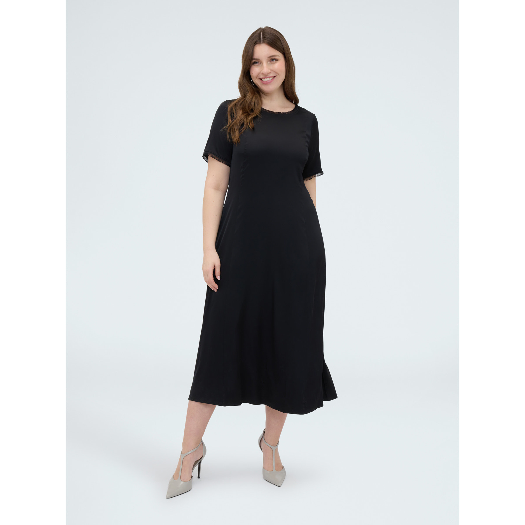 Fiorella Rubino - Vestido línea A en raso con detalles deshilachados - Negro