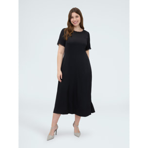 Fiorella Rubino - Vestido línea A en raso con detalles deshilachados - Negro