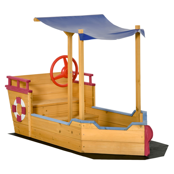 Bac à sable bateau de pirate en bois - voile d'ombrage, coffre rangement, gouvernail - bois sapin pré-huilé