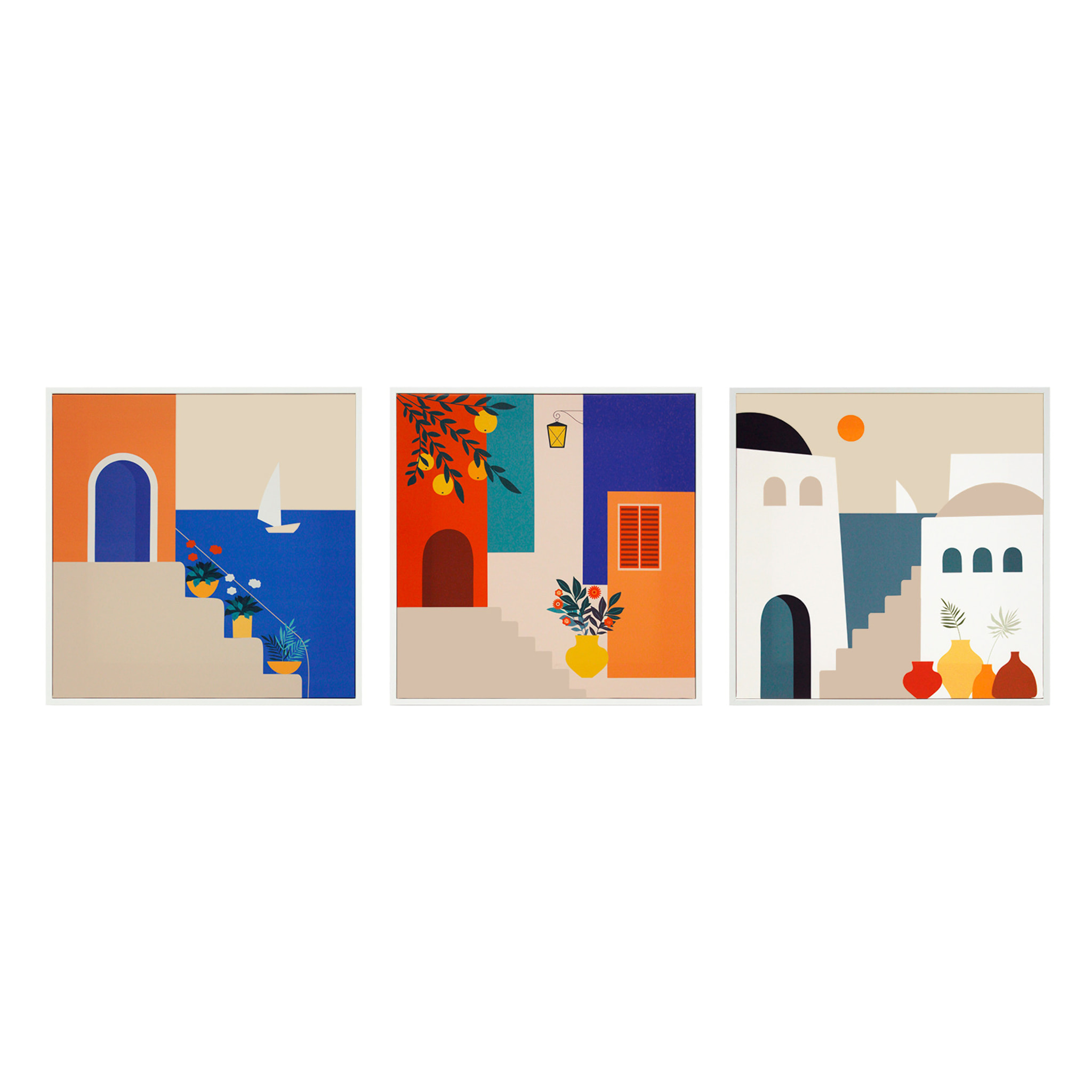Set 3 cuadros Grecia poliéster azul-naranja-tierras 40x40x4cm