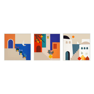 Set 3 cuadros Grecia poliéster azul-naranja-tierras 40x40x4cm