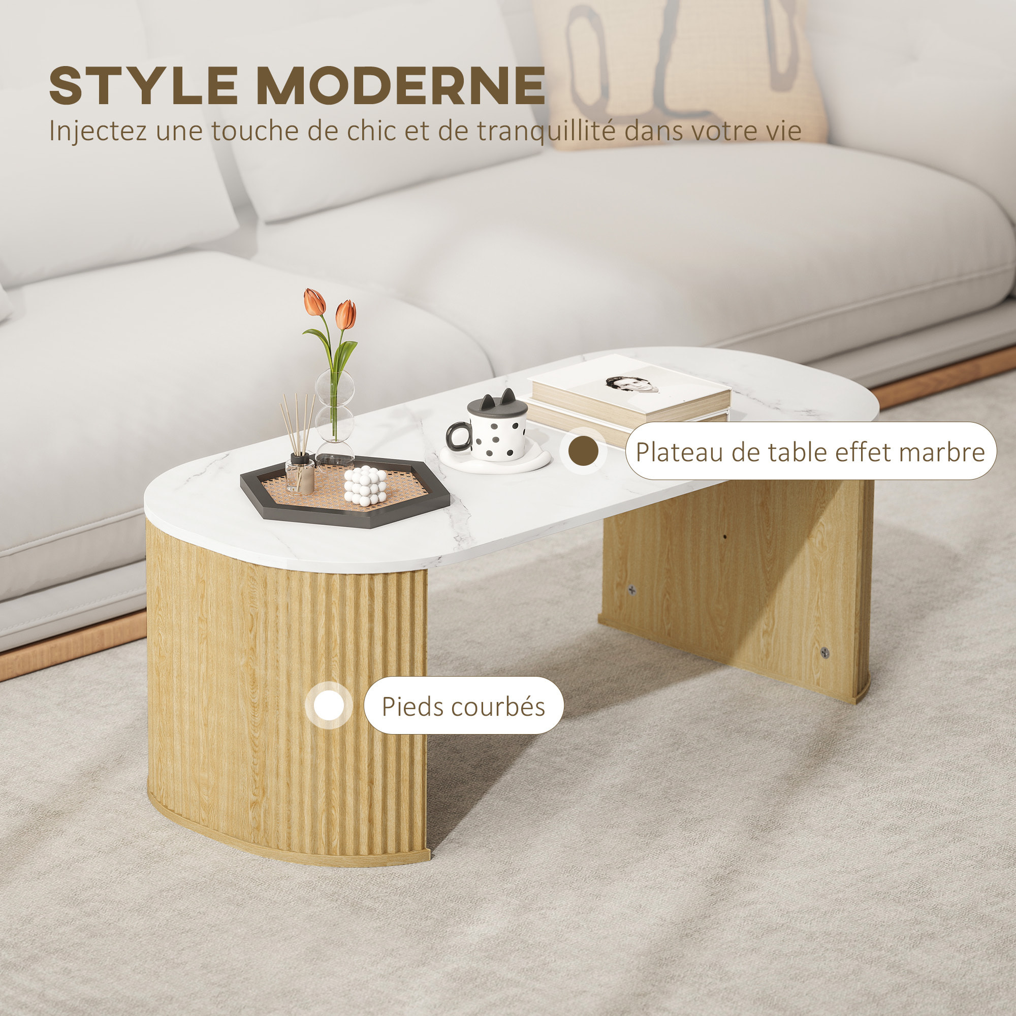 Table basse design ovale effet marbre blanc dim. 110 x 50 x 40 cm aspect bois clair