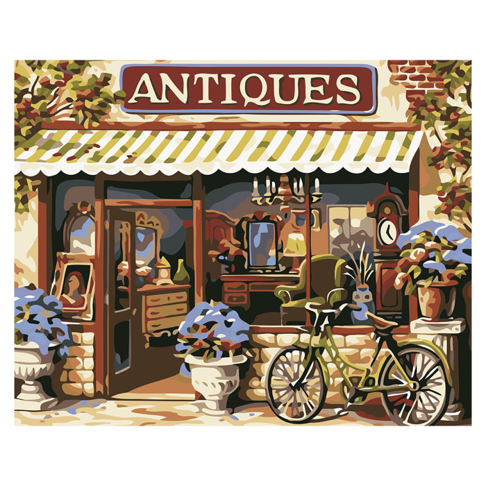 Tela con disegno da dipingere con numeri, di 40x50cm. Design negozio di antichità. Include pennelli e vernici necessarie.