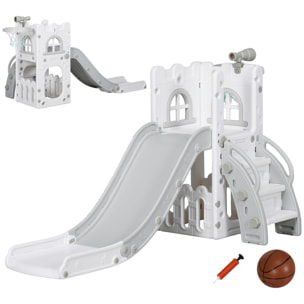 Toboggan pour enfant multifonction - télescope, panier basketball, espace rangement - HDPE blanc gris