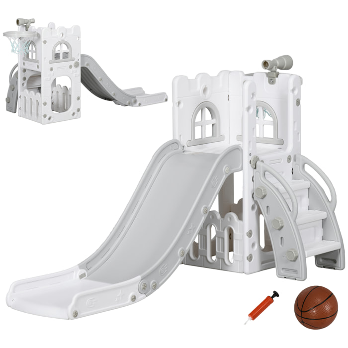 Toboggan pour enfant multifonction - télescope, panier basketball, espace rangement - HDPE blanc gris