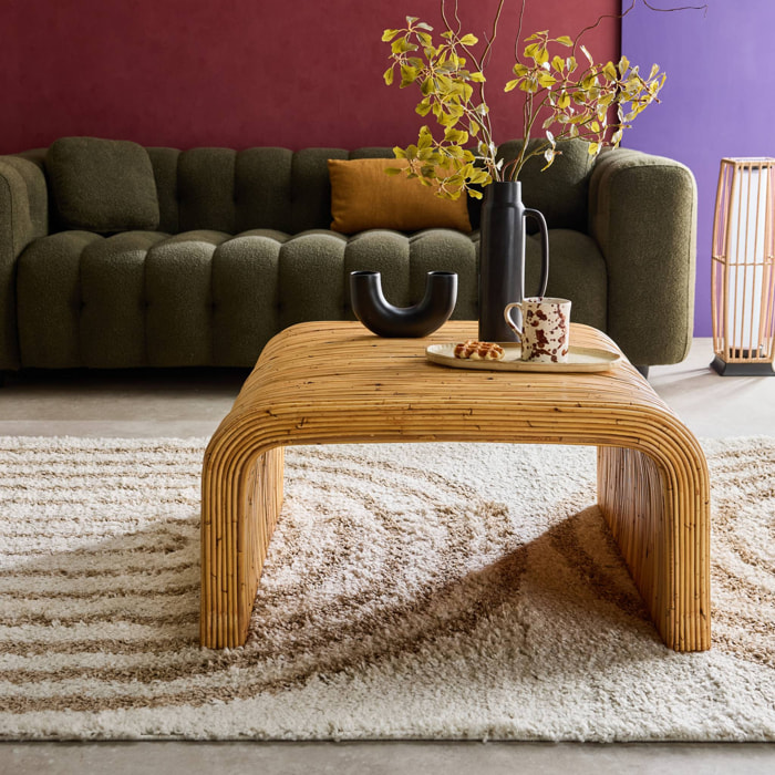 Table basse carrée en rotin naturel. 110cm. bords arrondis. L 80 x P 80 x H 40cm