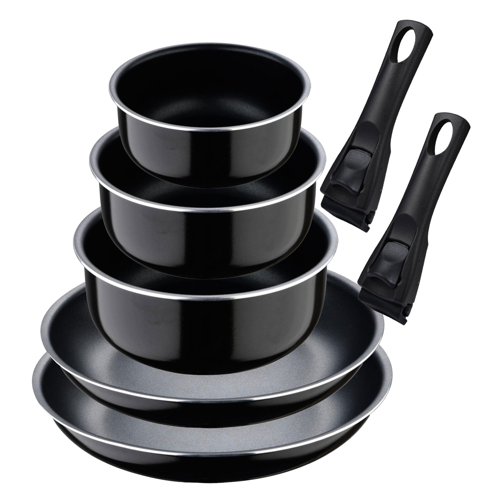Set de 2 Sartenes Ø24Ø28cm con Mango extraíble + 3 Cazos Ø16Ø18Ø20cm con Mango extraible - en Aluminio prensado color Negro Click&Cook Bergner