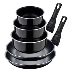 Set de 2 Sartenes Ø24Ø28cm con Mango extraíble + 3 Cazos Ø16Ø18Ø20cm con Mango extraible - en Aluminio prensado color Negro Click&Cook Bergner