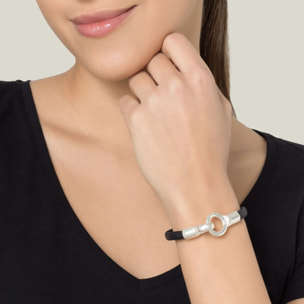 Pulsera cuero negro y cierre gancho plata chapado
