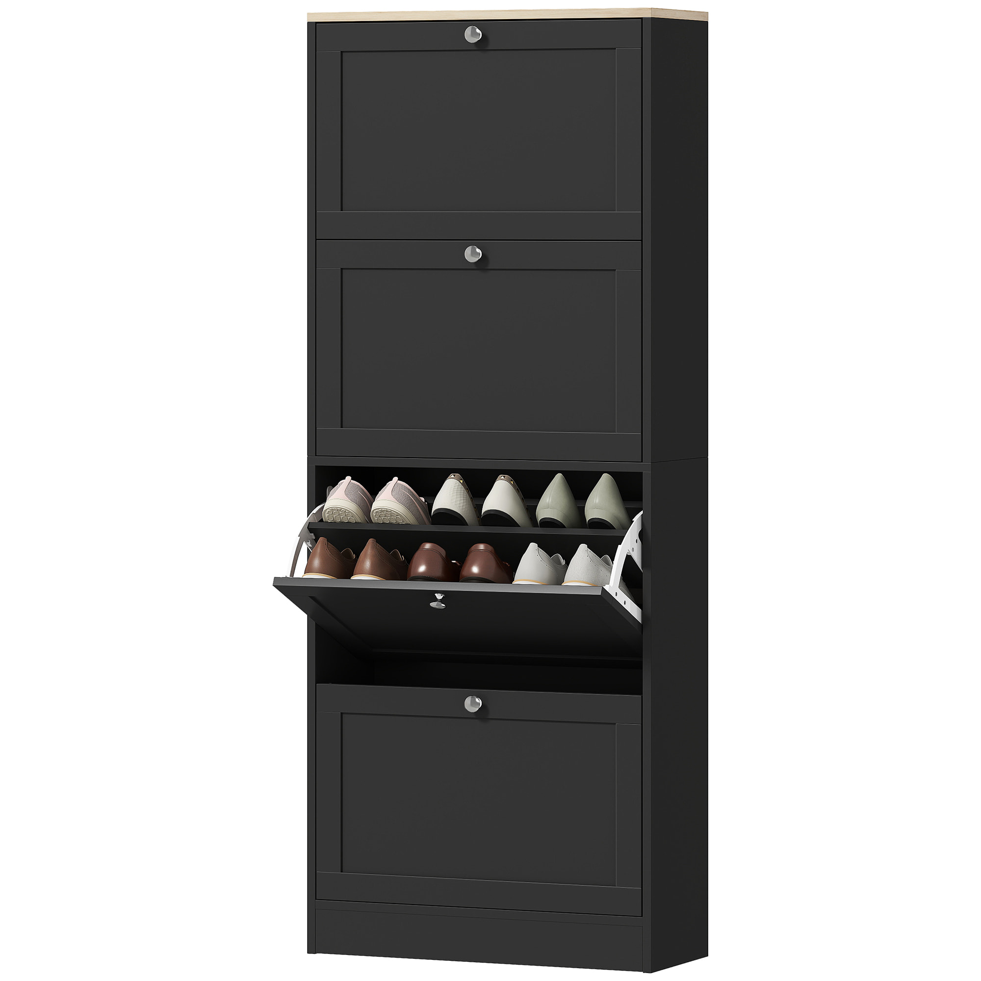 Meuble à chaussures 4 portes battantes style classique chic aspect bois clair noir