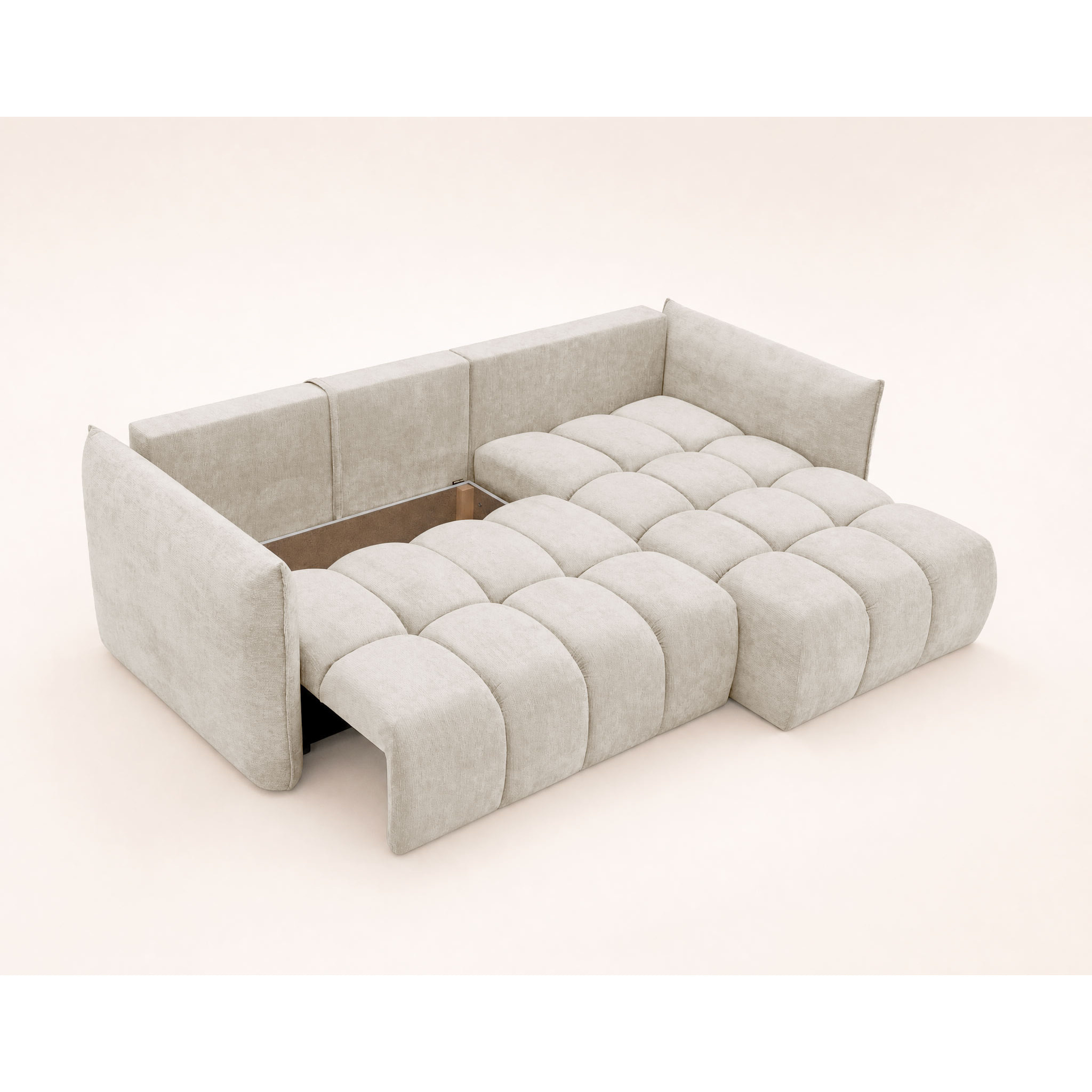 Ambroise - Canapé d'angle droit 4 places convertible avec coffre en velours texturé - Beige