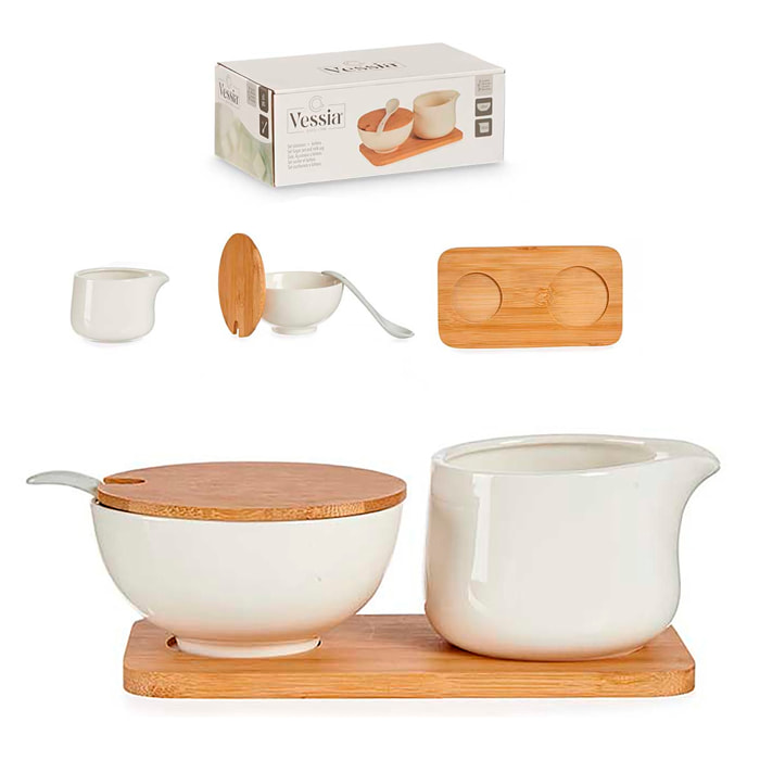 Set de azucarero y lechera de cerámica con base y tapa de bambú. 180ml de capacidad.