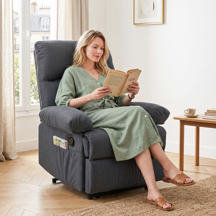 Sillón de Masaje, Sillón Relax Reclinable con 8 Puntos de Masaje, Función Calefacción Lumbar, Mando a Distancia, Asiento con Muelles, Bolsillos Laterales, Tejido Efecto Lino, Gris Oscuro