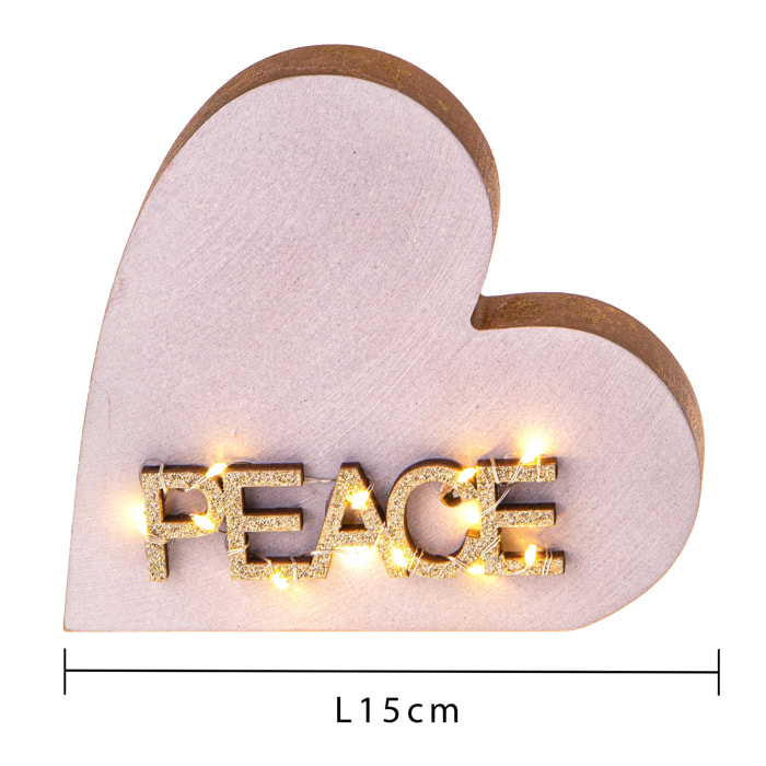 Cuore con Led e Scritta Peace - Pezzi 1 - Colore Crema - 15x17Hx3,5cm - Bianchi Dino