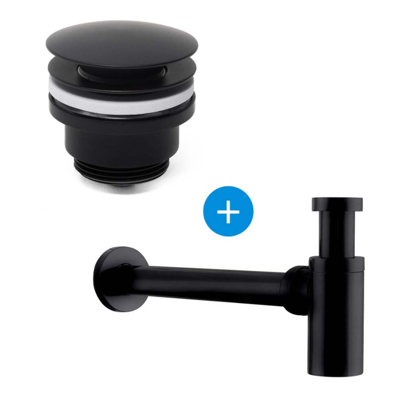 Set siphon de lavabo noir mat avec bonde clic-clac 5/4 avec trop-plein SAT (SATSetBlack)