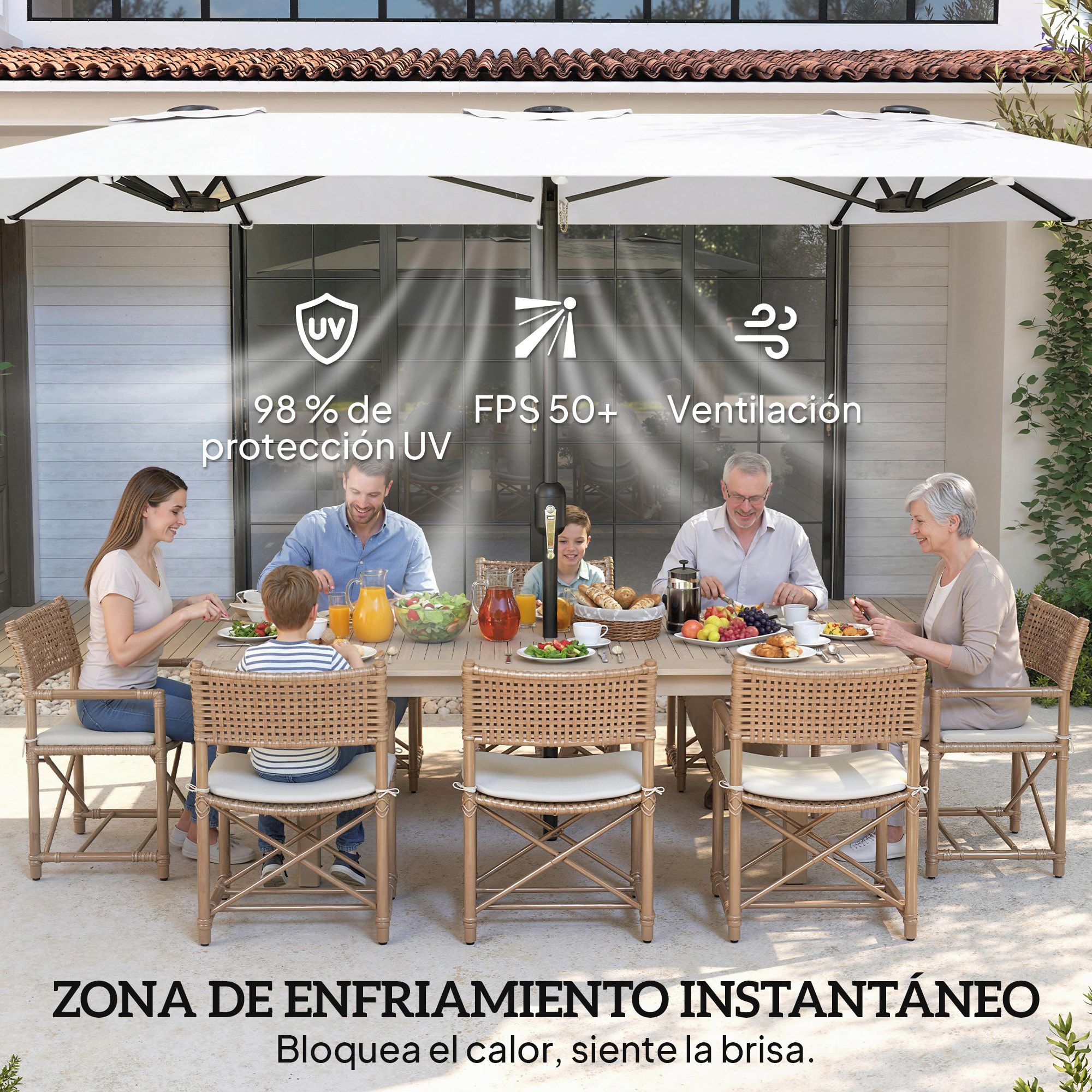 Sombrilla Doble 4,6x2,6 m, Sombrilla Terraza Exterior con Manivela Manual, Protección UV50+, Funda Protectora, Resistente al Agua, Parasol para Jardín, Terraza, Patio, Blanco