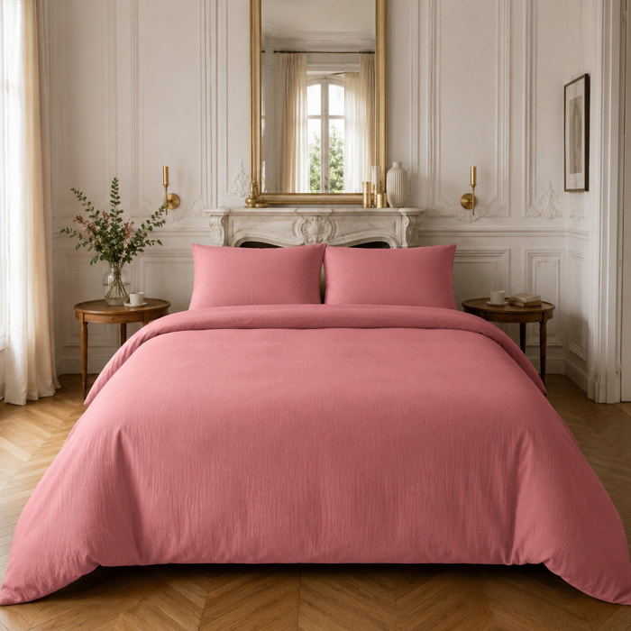 Parure housse de couette 100% gaze de coton unie rose, RELAX