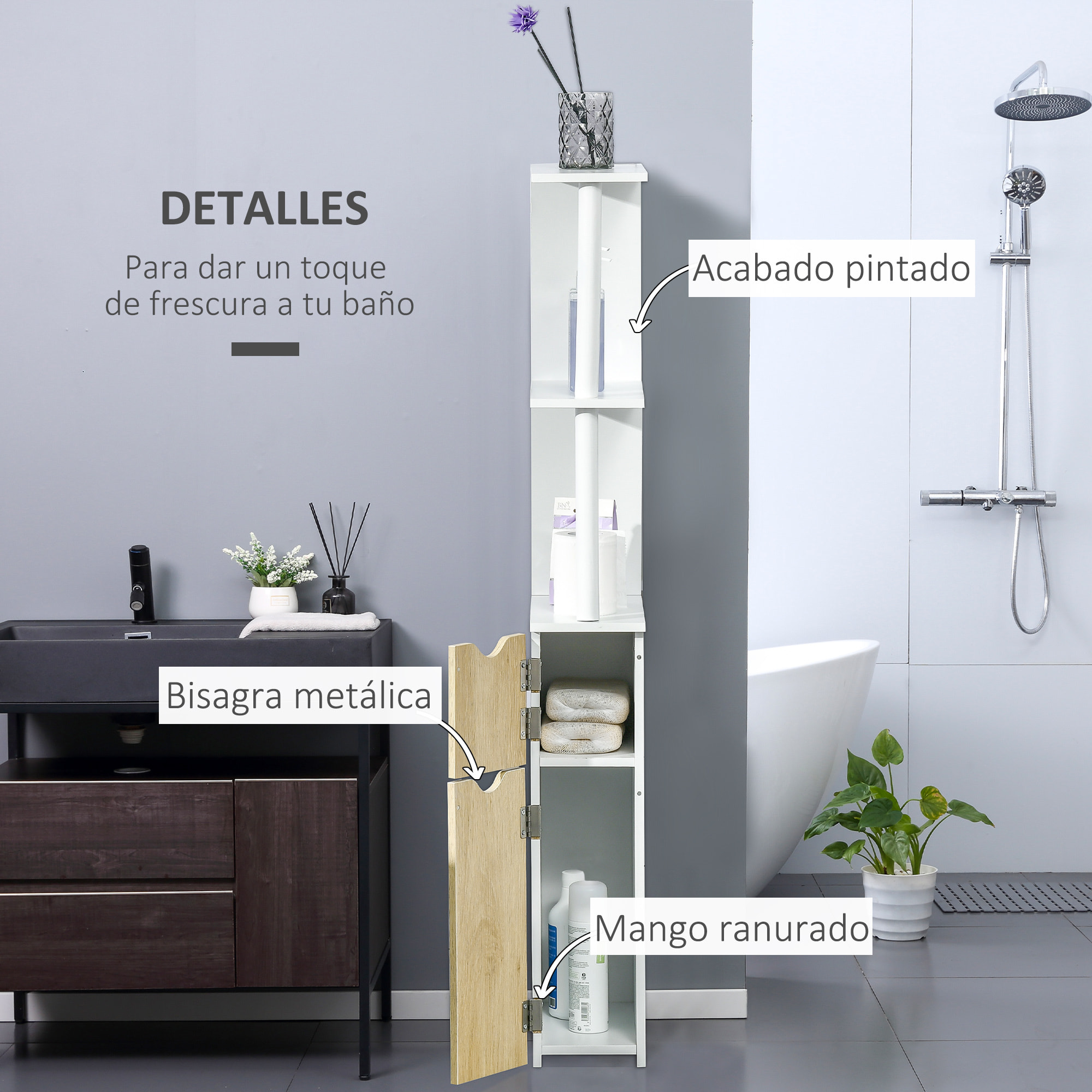 kleankin Armario Alto de Baño con 2 Puertas y 2 Estantes Abiertos Columna Auxiliar de Baño para Salón Aseo Dormitorio Estilo Moderno 15,2x29,8x118 cm Blanco y Natural