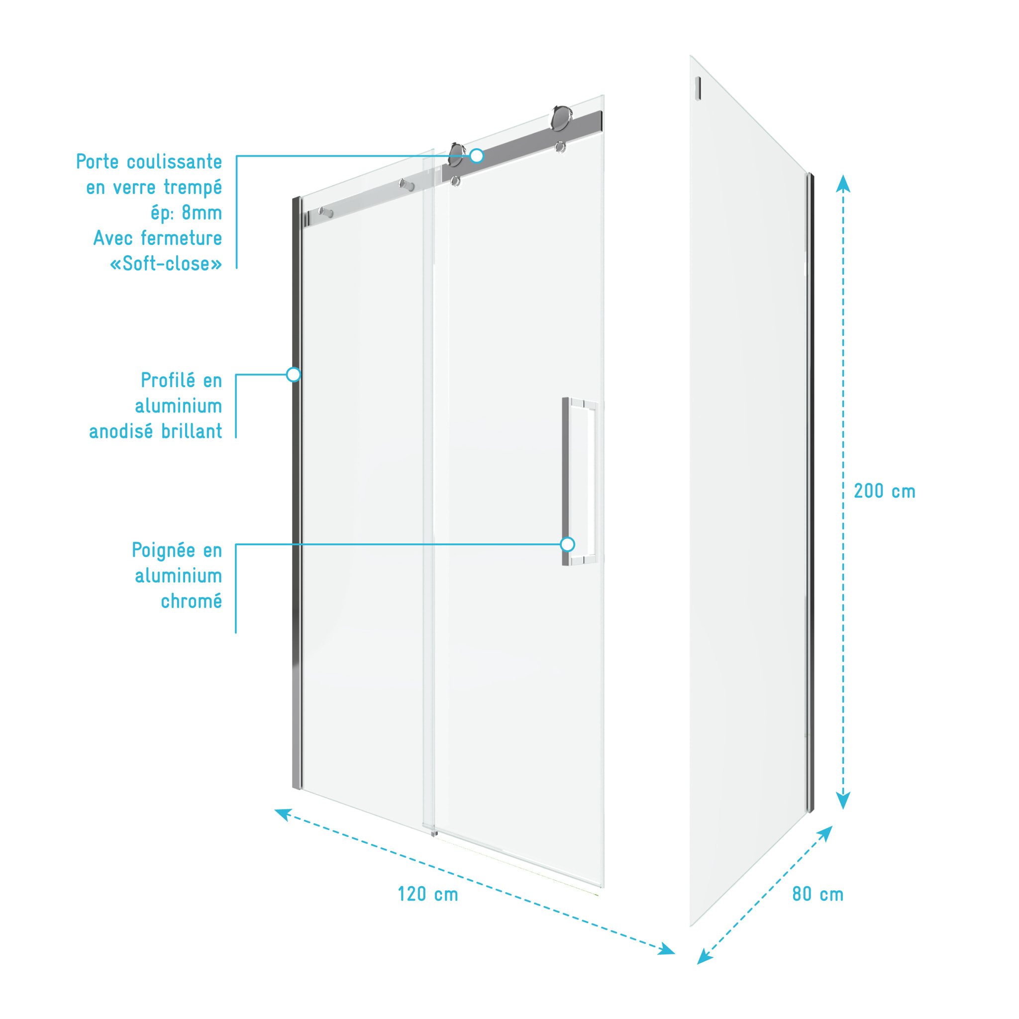 Porte de Douche Coulissante 120x200 cm + Retour 80x200 cm - Aluminium Chromé - Verre Trempé 8 mm
