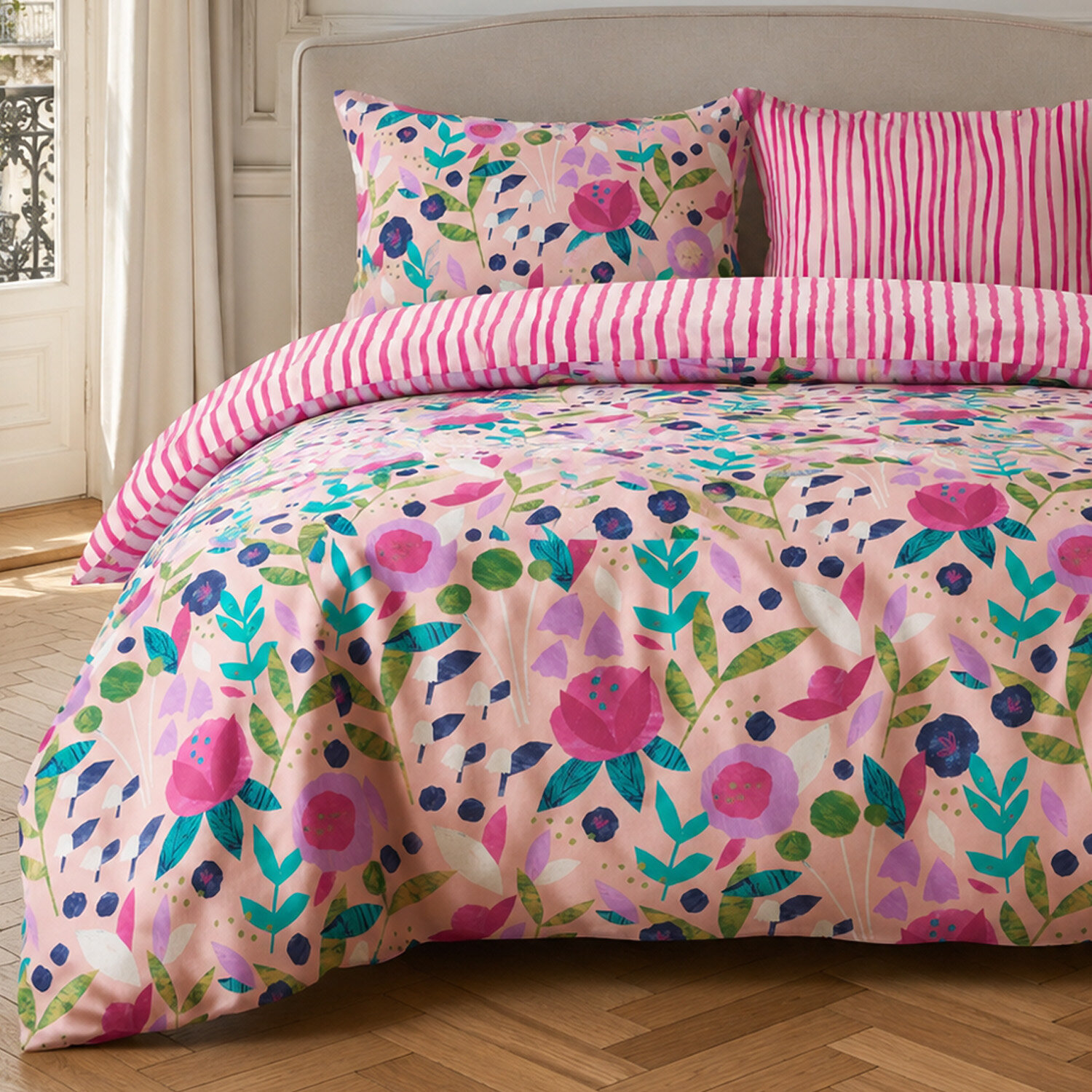 Parure housse de couette 100% percale de coton motif floral printemps rose - KATE MERRITT